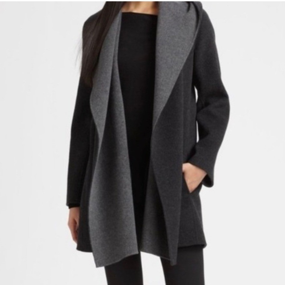 VINCE Reversible Double Faced Wool Blend Hooded Coat Black Charcoal Grey S- M